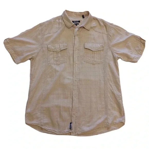 Point Zero Linen Blend Beige Short Sleeve  Button Down Shirt Size Large - Picture 4 of 11